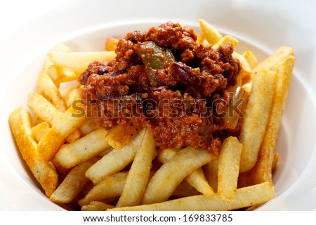 Beef chili fries in the white bowl