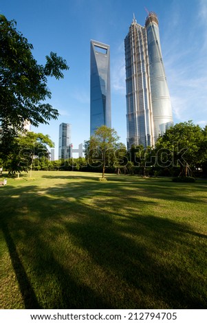 Shanghai, China - A beautiful nature view of Shanghai tallest building with the Shanghai tower still in construction.
