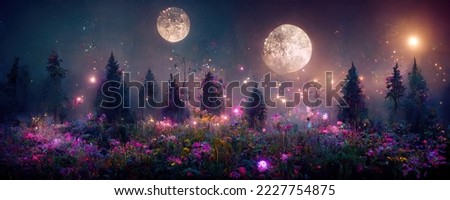 A beautiful fairytale enchanted forest at night with a big moon in the sky illuminating trees and great vegetation. Сток-фото © 