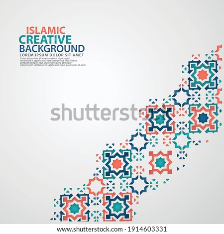 Islamic greeting card banner background with ornamental colorful detail of floral mosaic islamic art ornament.Vector illustration.