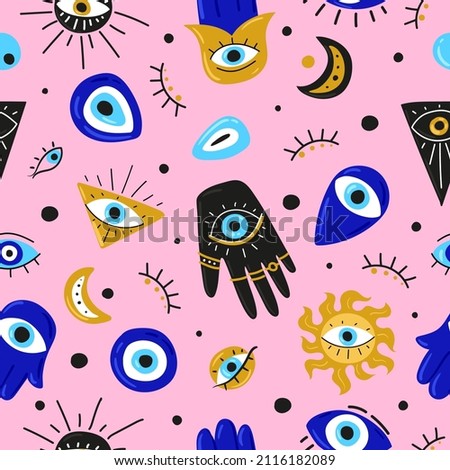 Seamless pattern with Cartoon Evil eyes. Blue Evil eye, Hamsa, Hand of Fatima, Eye of Providence. Vector illustrations of amulets for print, fabric, wallpaper, clothing, wrapping paper
