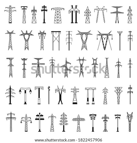 Set of icons for Electric towers and pillars. Black silhouettes isolated on a white background in a simple flat style for design and web.