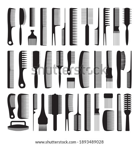 Set of combs. Black silhouettes of various combs on a white background. Device for combing and styling hair. Hairdressing tool. Vector illustration isolated on white background for design and web.