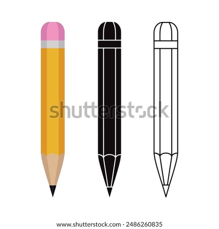 Seth pencil. Colored pencil icon, black pencil outline, black pencil silhouette. Vector illustration isolated on a white background for design and web.