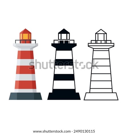 Set Lighthouse. A colored lighthouse in a flat cartoon style, the silhouette of a lighthouse, the outline of a lighthouse. Maritime navigation. Vector illustration isolated on a white background.