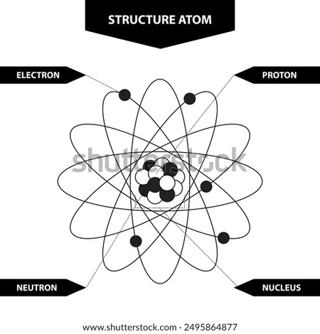 Infographics of the atom. An elementary particle, an electron, a proton, a neutron, the nucleus of an atom. Physics and science. Vector illustration isolated on a white background for design and web.