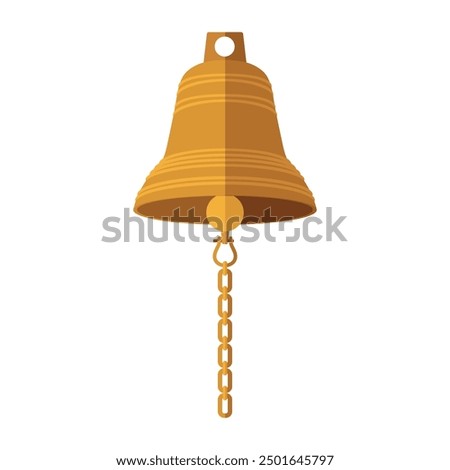 A colored bell icon. The ship's bell. Rynda. The alarm bell. The bell is golden in color with a chain. Vector illustration isolated on a white background for design and web.