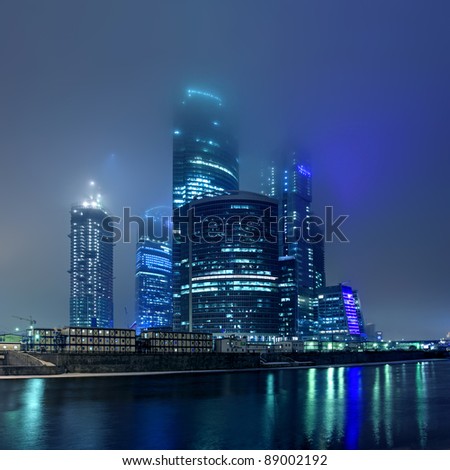 Moscow City in myst at night