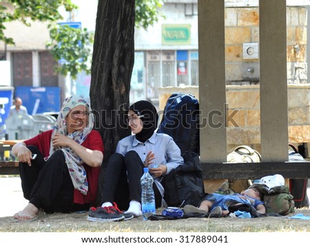 SERBIA, BELGRADE - August 2015: Park at the station migrants from Syria have turned into a small city. Most sleep under the open sky.