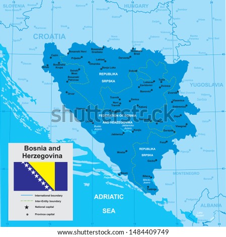 vector map of Bosnia and Herzegovina with borders of regions and flag in blue tones 