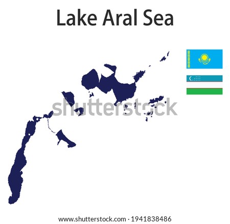 silhouette of a large world lake, the Aral Sea, with the flags of the countries in which it is located vector illustration