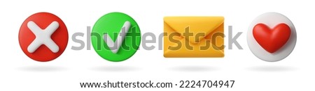 A set of 3D icons for the interface of applications and social media in a minimalist style. Trendy plastic design for web pages. Items of the green check mark icon and rejected round and envelope sms