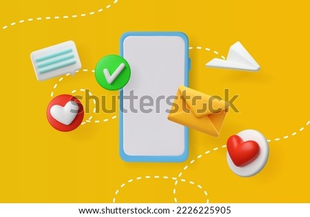 3d illustration of social media with a phone and flying icons. Modern vector design. The concept of new messages and likes. realistic email with 3d paper plane.