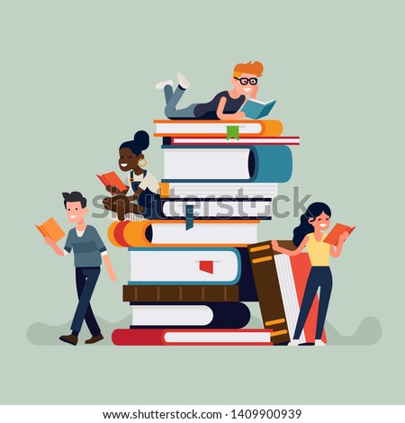 Cool flat design illustration on book lovers reading books sitting, lying and standing next to a stack of giant books. Book store or library themed concept illustration