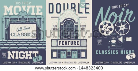 Set of three vector movie poster, flyer or banner templates in retro style. Movie night, Double Feature and Noir Classics night concept designs with vintage looking movie theater items