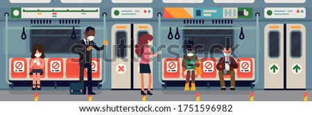 Subway commuters during coronavirus pandemic safety measures campaign. Underground train car with 'Do not sit here' stickers and other social distancing markers 