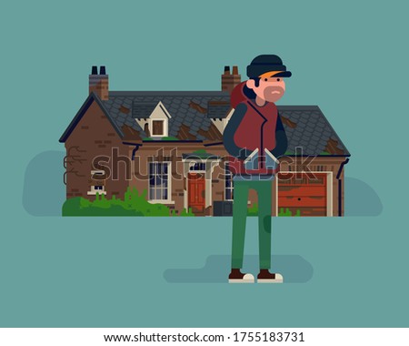 Cool vector illustration on squatter character standing in front of abandoned suburban house with garage