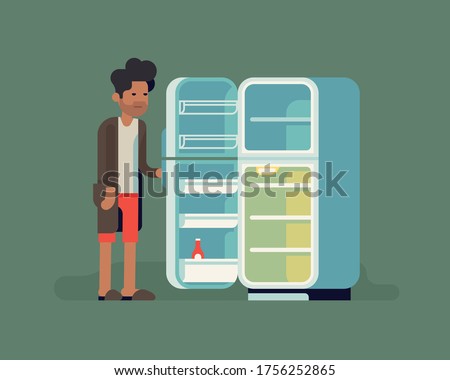 Cool flat vector illustration on empty fridge. Sleepy grumpy single man in underwear, slippers and bathrobe ran out of food because of lack of motivation to go out. Bachelor's fridge concept visual