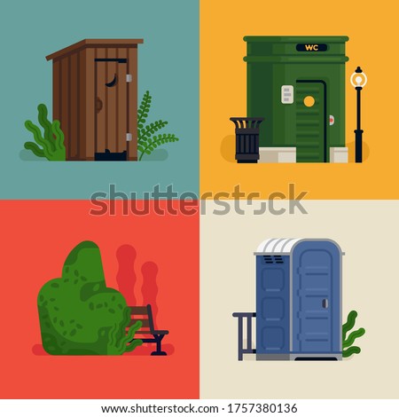 Set of flat vector illustration on toilets including wood outhouse, plastic portable toilet and a city public toilet