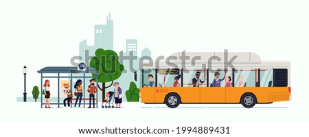 Cool flat style vector illustration on city bus arriving at bus stop. City commuters and public transport themed visual with bus with passengers and people waiting and ready to enter the bus