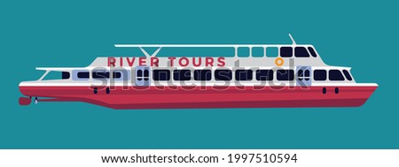 Minimalist style vector illustration on city river tours with classic cruise motor ship. Boat ride and sightseeing concept design element