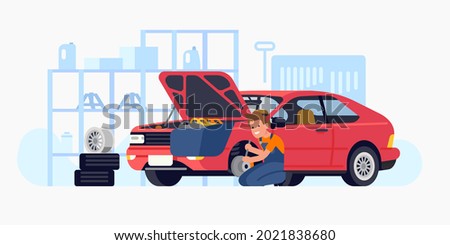 Car mechanic at work. Cool vector garage scene with auto repair professional mending a car