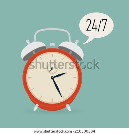 Vector alarm clock with twenty four seven service abbreviation in text bubble next to it | Round the clock service illustration | Always open