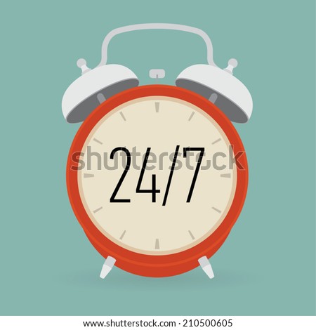 Vector alarm clock with twenty four seven service on it | Round the clock service illustration | Always open