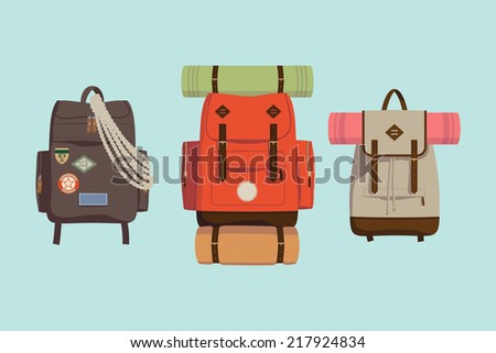 Vector flat modern set of three hiking backpacks | Three retro looking stylish camping and mountain exploring backpacks