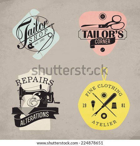 Vector set of stylish tailor shop, cloth repair and alteration shop and atelier insignia | Retro looking stylish dressmaking shop emblems on natural color craft paper background