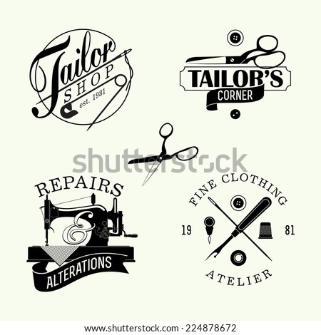 Vector set of black and white stylish tailor shop, cloth repair and alteration shop and atelier insignia | Retro looking stylish dressmaking shop emblems 