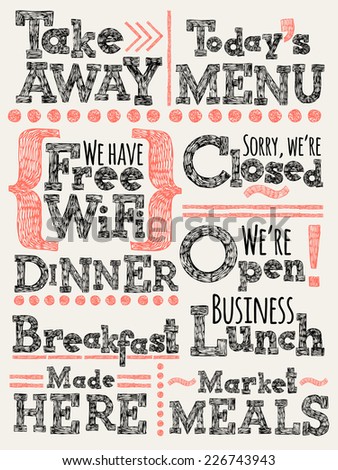 Vector creative ink pen hand drawn lettering for your cafe, bar or restaurant featuring 'Free Wifi' and 'Take Away' titles, 'Closed' and 'Open' signs and more