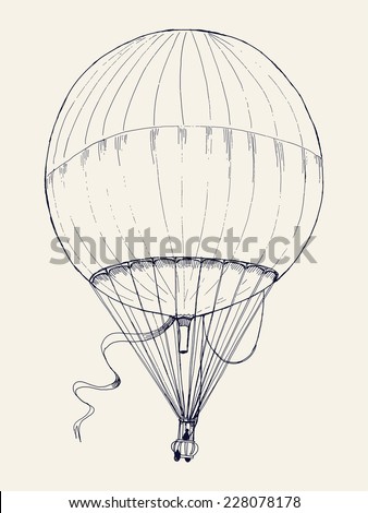 Vector hand drawn ink pen illustration of ancient air balloon flying | Vintage aerostat line art drawing