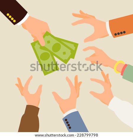 Vector modern flat concept design on funding | Creative illustration on hand holding green banknotes and multiple hands reached out to take it