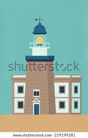 Vector retro looking colonial architecture style lighthouse flat illustration with weathered canvas texture effect