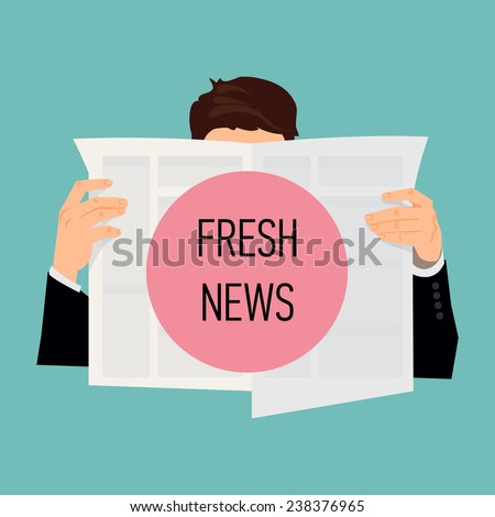 Vector modern flat design illustration on male human reading news | Man holding newspaper with his face hidden