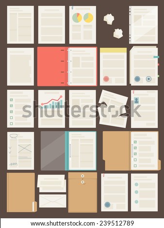 Vector set of different office and business documents, sheets of papers, folders and blanks, flat design, top view