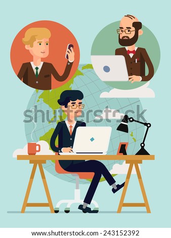 Vector modern flat design concept illustration on global connectivity and team working in business and industry with planet on background | Businessmen having video conference using mobile devices