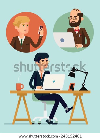 Vector modern flat design creative concept illustration on connectivity and team working in business and industry | Businessmen having video conference using their mobile devices