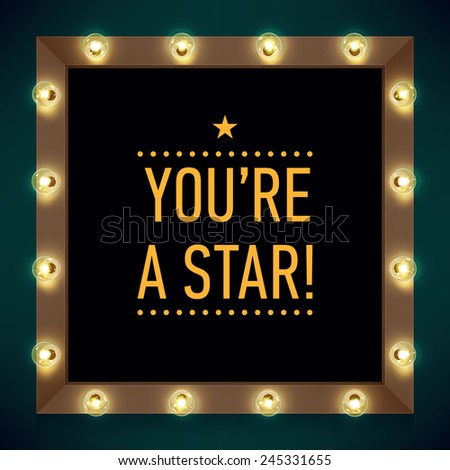 Vector realistic 3d volumetric background on marquee mirror lit up with electric bulbs  featuring sample text | Retro looking presentation design element square frame glowing with lamps