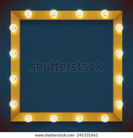 Vector realistic 3d volumetric background on marquee frame lit up with electric bulbs | Retro looking presentation design element square frame glowing with lamps