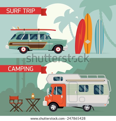 Vector modern flat horizontal web banners design on best summer vacation, beach recreation, surfing, sight seeing, camping, caravan trip and tourism for travel agency promotion and digital marketing