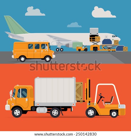 Vector set of modern creative detailed visuals on delivery and shipping logistics service in business and industry with freight cargo airplane loading, forklift loader, local shipment truck and van