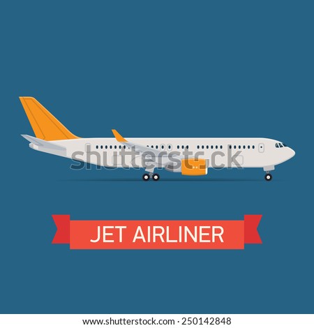 Vector modern travel web icon on transport passenger jet airliner plane, flat design, side view, isolated