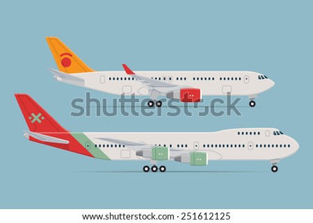 Vector modern flat design web icons on parked commercial transport passenger jet airliner planes, narrow body and double deck wide body, flat design, side view, isolated