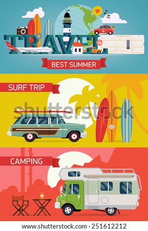 Vector cool detailed flat horizontal web banners on best summer vacation, beach recreation, surfing, sight seeing, camping, airline tourism for travel agency promotion and digital marketing