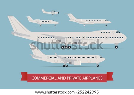 Vector modern flat design web icons on flying commercial and private personal transport passenger jet and single engine air planes, airliner, business jet, jumbo jet, side view, isolated