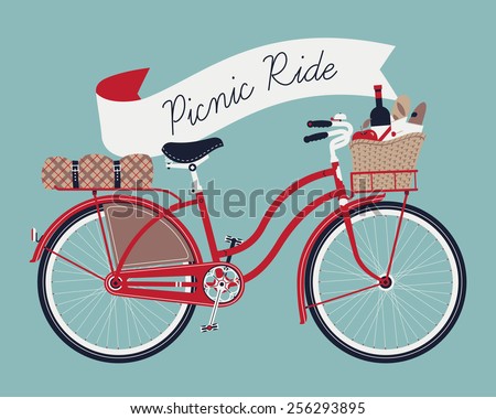 Vector retro poster on picnic ride with vintage bicycle with dress guard, wicker basket full of food like wine bottle, bread and apple and folded blanket fastened to rear rack, blue background