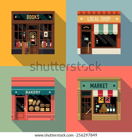 Vector cool flat design square architecture detailed icons on retro style local shop store facade with awning, book store, small bakery and grocery market | Small business icons with store facades