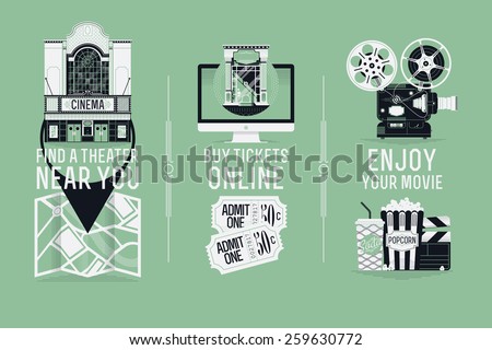 Magnificent detailed vector visuals, web banner and printables design element on buying cinema tickets online, movie theater location and motion picture enjoyment